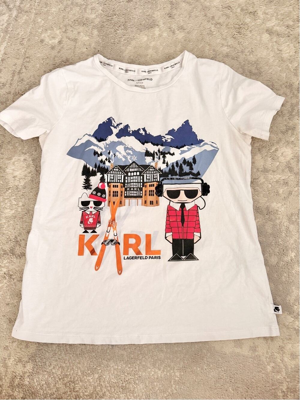 Karl Lagerfeld Graphic Ski Resort White T Shirt Tee Size Small Choupette